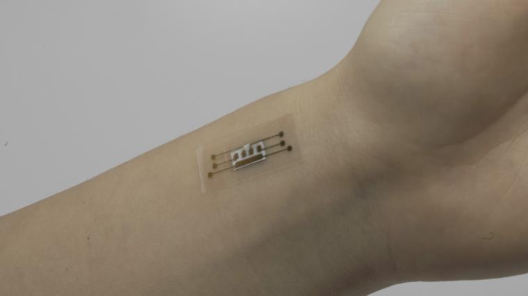Flexible TRACE sensor patches can be placed on the skin to measure blood flow...