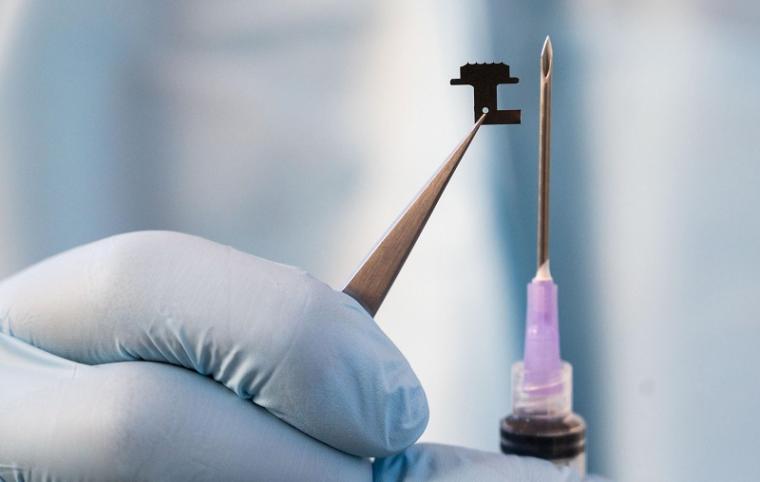 Size comparison of a microneedle patch used to extract interstitial fluid...