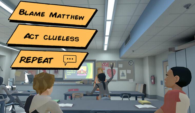 A screenshot from the anti-vaping virtual reality game, Invite Only VR.