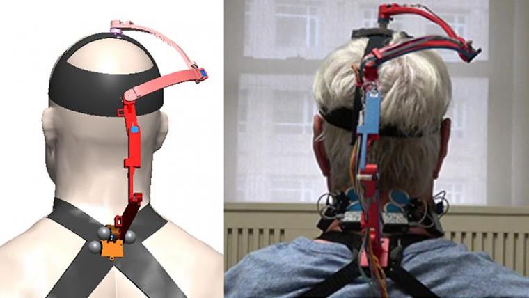 Schematic of the new robotic neck brace and a picture of a subject using the...