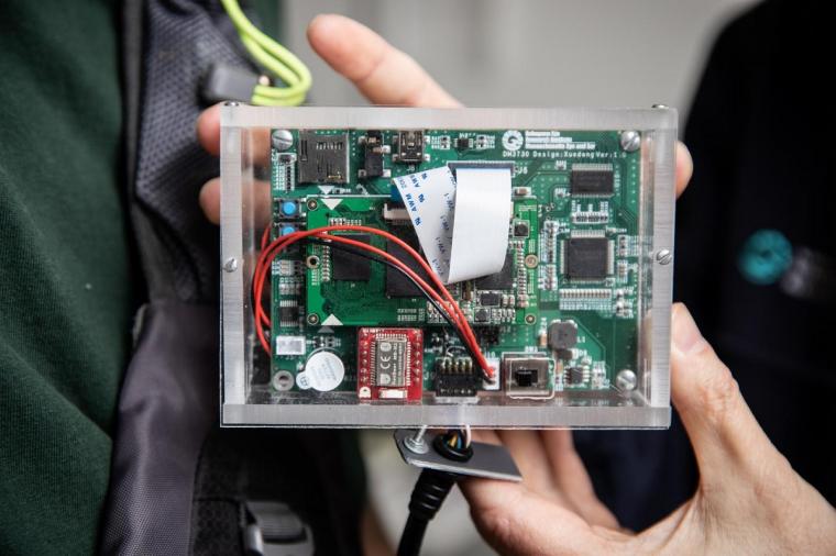 A close-up of the image processing unit of the wearable collision device.