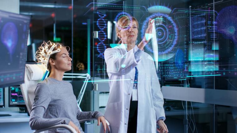 Woman wearing brainwave scanning headset
