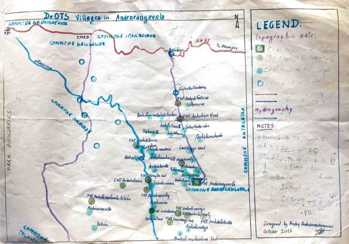 Hand drawn map of the remote villages in Androrangavola, Madagascar.