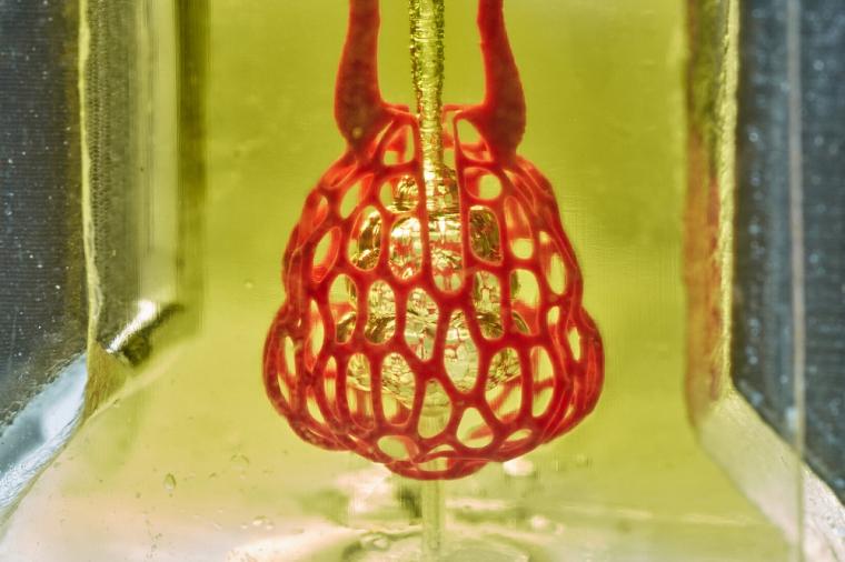 A scale-model of a lung-mimicking air sac with airways and blood vessels that...