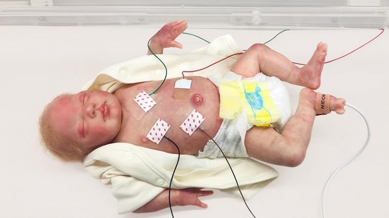 Traditional NICU sensors as modeled on a doll.
