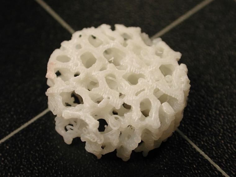 Close-up of a 3D printed scaffold, a plastic bone-shaped frame that will help...
