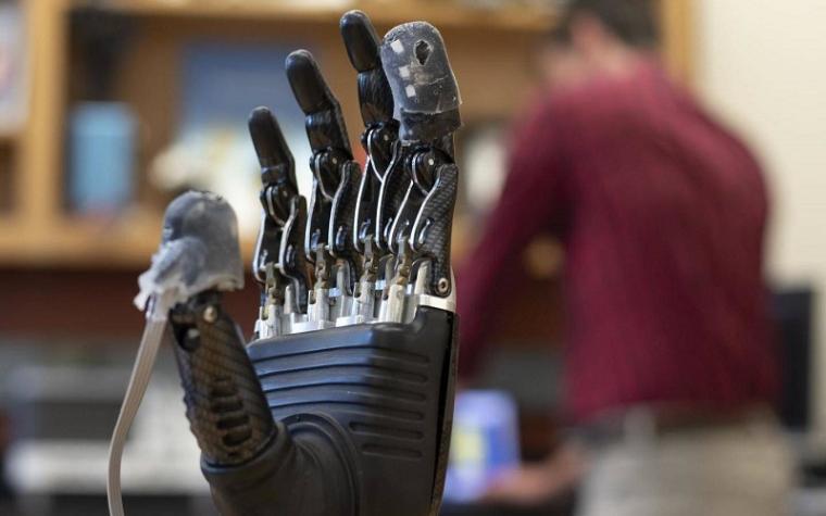 A prosthetic hand equipped with the experimental e-dermis.