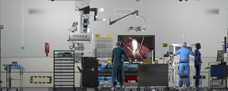 Panoramic view of a virtual operating room for training laparoscopic...