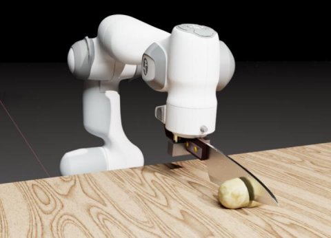 a robot cuts a potato.